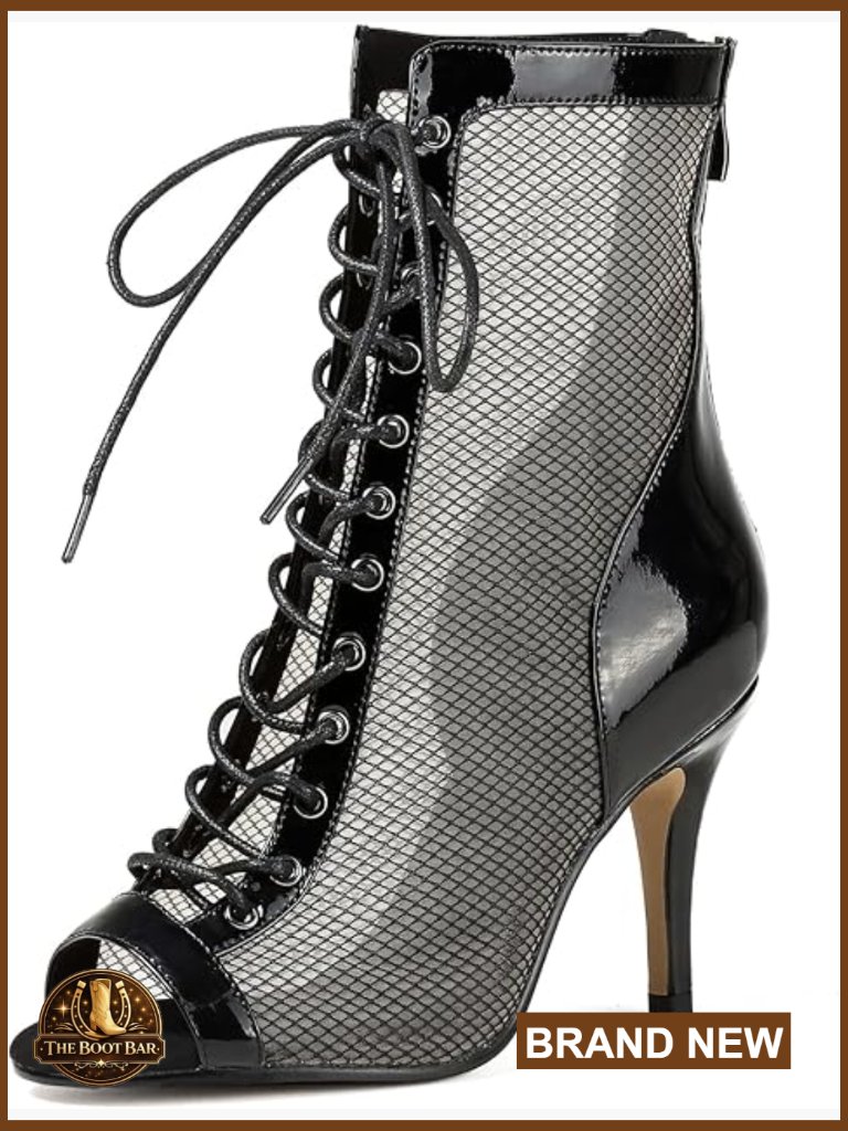 Lace-Up Mesh Jazz Ankle Boots, Stiletto Heel Peep Toe Dance Shoes